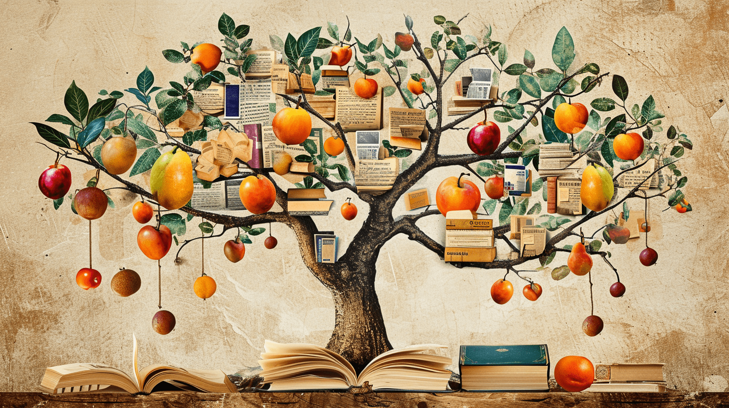 Ein kreatives Bild eines Baumes mit Büchern und Früchten als Blätter, die das Wachstum und die Entwicklung von Wissen durch effektive KI-Prompts symbolisieren.